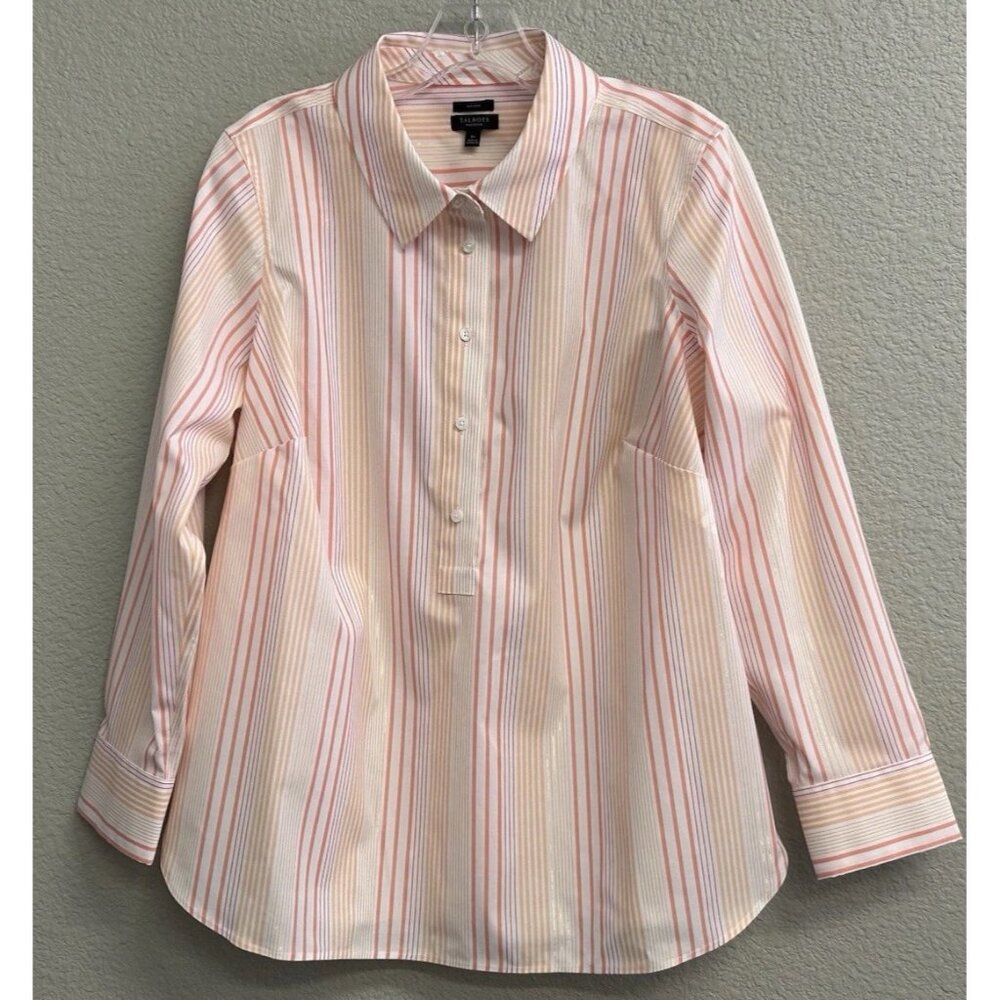 Talbots Blouse Petite Size XP Long Sleeves Peach Metallic Stripes Shirt Preppy